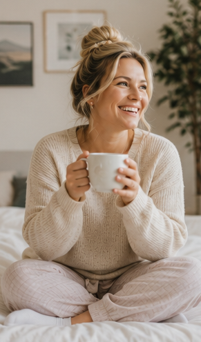 Woman relaxing at home, unhurried and at ease