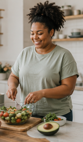 Woman preparing a fresh salad in her kitchen