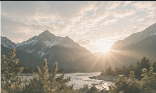Sunrise over a mountain river valley