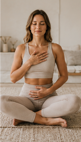 Woman sitting quietly with hand on chest, practicing mindfulness